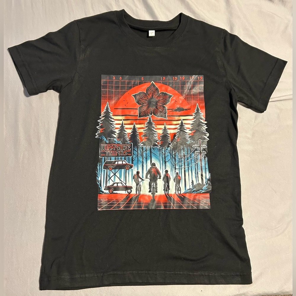 Black Graphic kid T-shirt w/ Red & Blue Stranger Things Inspired Design-size s